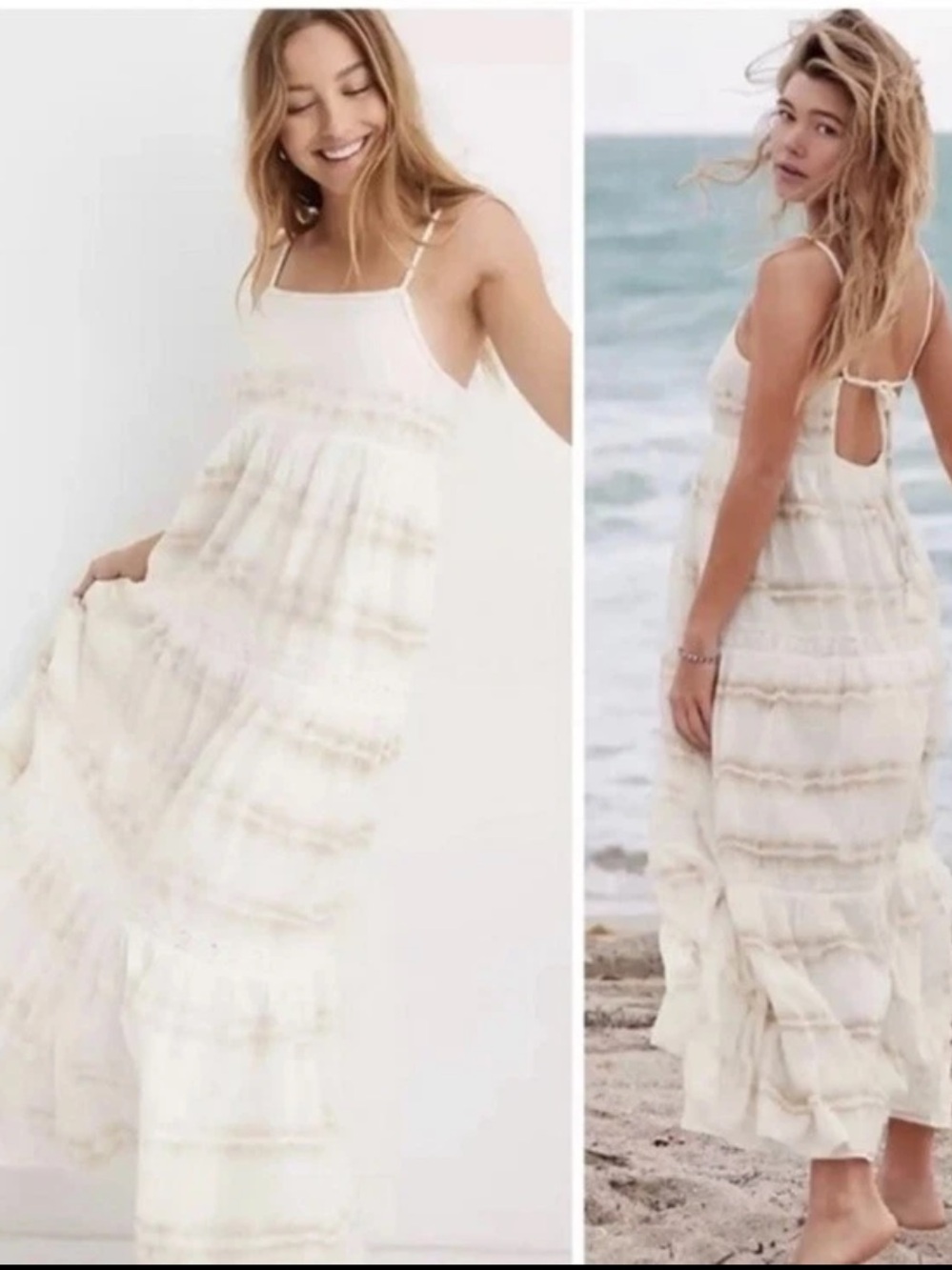 NEW Aerie Maxi Sun Dress Tiered Women’s size Small White Tie Dye Cotton Lined